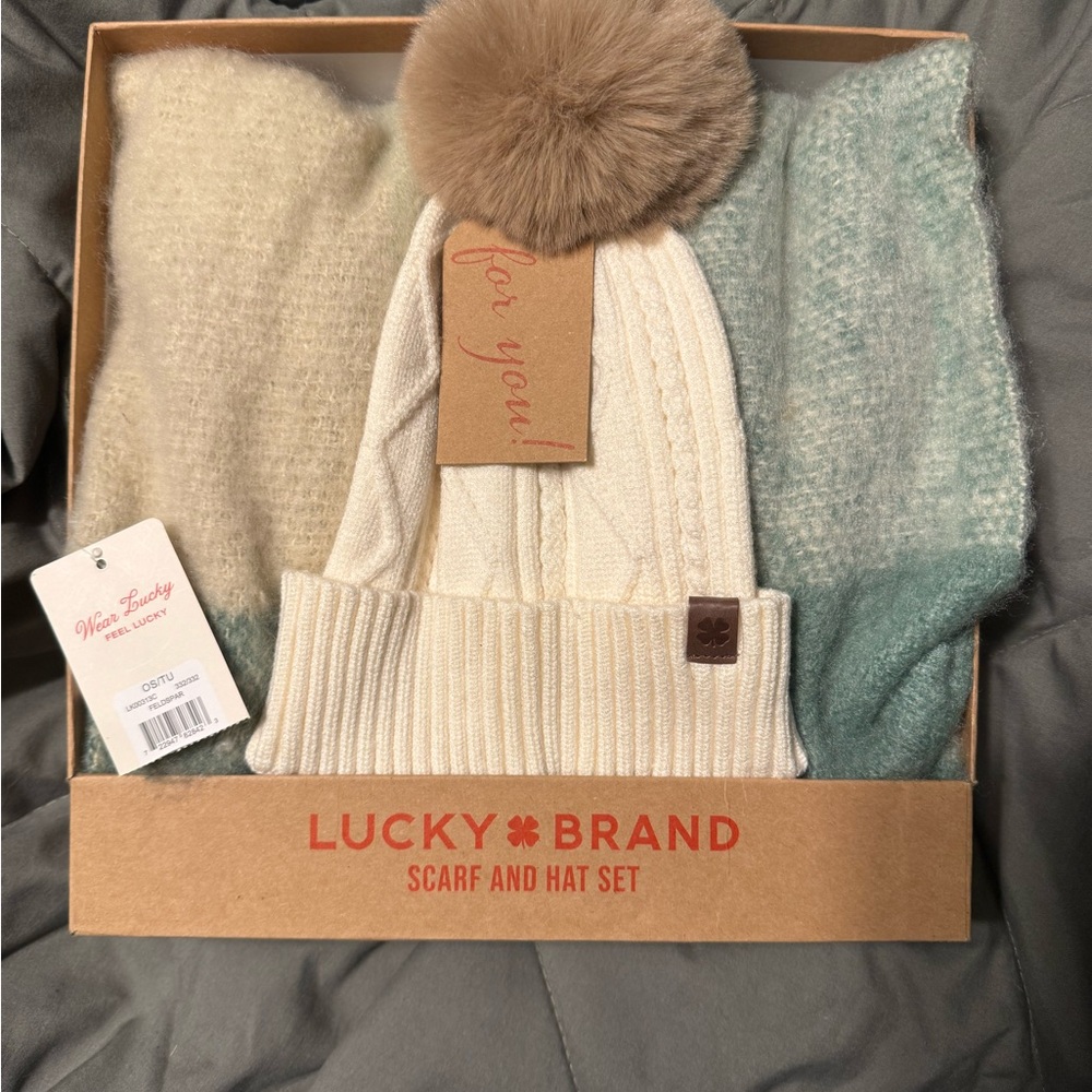 Lucky Brand Cream and Brown Hat and Scarf Set
